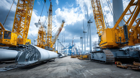 A bustling construction site featuring large yellow cranes and wind turbine components, symbolizing the advancement of renewable energy technology.の素材