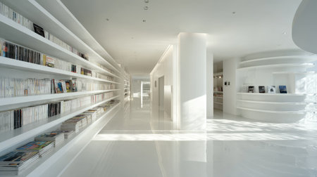 An exquisite minimalist interior showcasing a gallery filled with white shelves and vibrant natural light, emphasizing cleanliness and modern aesthetics.の素材