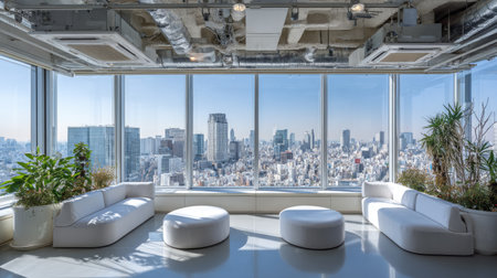A bright and modern office lounge featuring stylish white furniture, lush greenery, and a breathtaking panoramic view of the urban skyline outside.の素材