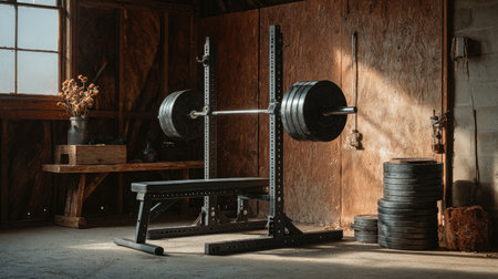 A strong and inviting gym setup featuring a heavy barbell and weight plates, enhancing the workout experience in a rustic wooden environment.の素材