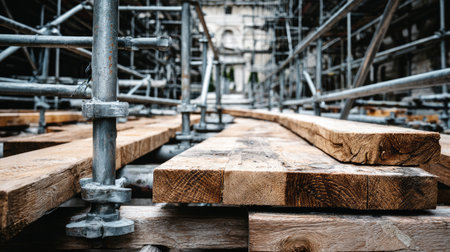 Detailed view of wooden planks resting on scaffolding at a construction site, showcasing the blend of natural wood and industrial metal elements.の素材