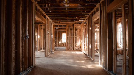 Bright and airy interior view of an unfinished room showcasing exposed wood framing, beams, and natural light filtering through open spaces.の素材