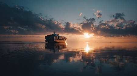 A stunning view of a solitary container ship sailing at sunset. The calm water reflects the dramatic clouds and warm hues of the sky, creating a serene scene.の素材