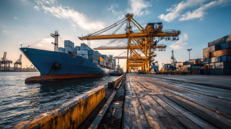 A stunning view of a container ship docked at a busy port, surrounded by towering cranes and colorful freight containers under a vibrant sunset sky.の素材
