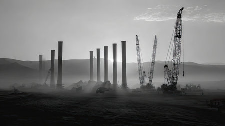 A striking black and white image captures a construction site at dawn, showcasing towering cranes and concrete pillars emerging from a foggy landscape.の素材