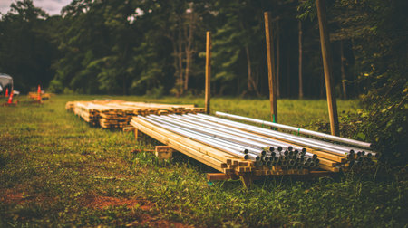 This image showcases a construction site with neatly arranged stacks of metal pipes and wooden planks resting on natural ground, surrounded by trees.の素材