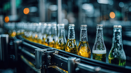 A vibrant scene showcasing bottles of a refreshing beverage moving along a production line in a modern factory, highlighting industrial efficiency.の素材
