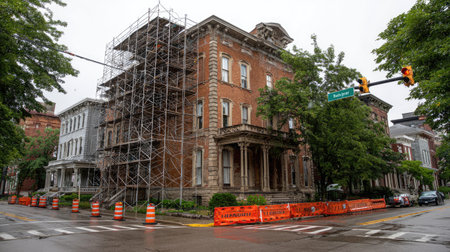 This image depicts a historic building undergoing renovation, showcasing scaffolding in an urban environment on a rainy day. With wet pavement and safety barriers, the scene reflects ongoing development and restoration efforts.の素材