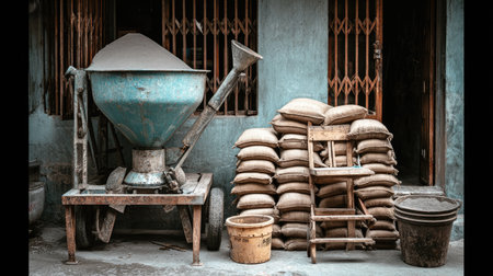 This image features vintage construction equipment, including a cement mixer, stacked bags of material, and wooden crates, set against an urban backdrop.の素材
