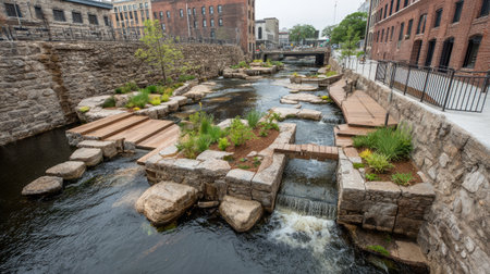 A serene urban stream featuring stone pathways and lush greenery, perfect for relaxation and reflection in a revitalized historic cityscape.の素材