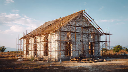 This image features an abandoned stone building in the midst of construction scaffolding, set against a serene landscape with a clear sky.の素材
