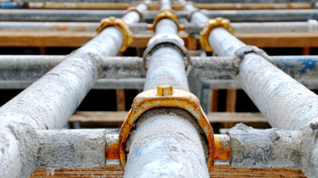 This image captures a close-up view of rusty metal pipes used in construction, showcasing the scaffolding and protective coating often found on job sites.の素材