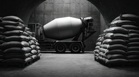 A visually striking monochrome image of a cement mixer parked in an industrial warehouse, flanked by neatly stacked bags. The scene emphasizes construction themes.の素材