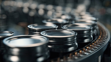 A close-up view of glimmering metal cans moving along a conveyor belt on an industrial production line in a modern factory setting.の素材