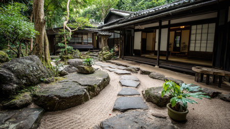 Explore a tranquil Japanese garden featuring a stone pathway leading to a wooden house. Lush greenery and natural elements create a serene atmosphere perfect for reflection.の素材