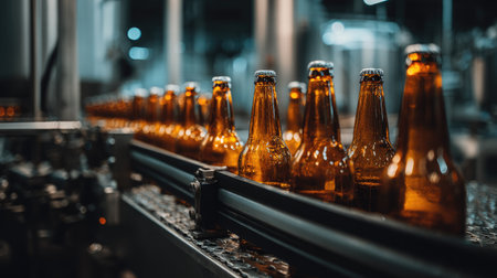 A detailed view of amber glass bottles moving along a conveyor belt in a modern beverage production facility, showcasing industrial efficiency.の素材
