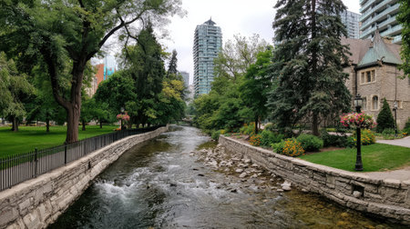 A tranquil urban park features a gently flowing stream bordered by vibrant greenery and modern buildings, creating a serene escape in the city.の素材