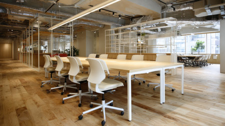 This image showcases a modern office interior with a spacious meeting area, sleek design, warm wooden flooring, and ample natural light, ideal for collaboration.の素材