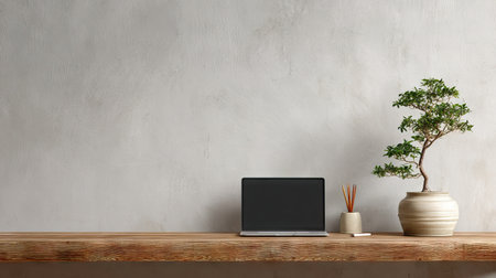 This image showcases a minimalist workspace featuring a sleek laptop, a serene bonsai tree, and decorative items on a wooden table, promoting tranquility and creativity.の素材