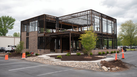A modern office building is under construction, showcasing its impressive open frame with steel and glass elements. The worksite is organized with safety measures in place.の素材