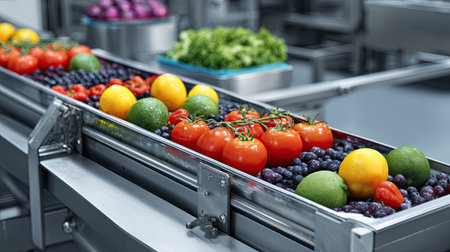 A vibrant array of freshly harvested fruits and vegetables travels along a conveyor belt in a modern food processing facility, showcasing the efficiency and quality of food production.の素材