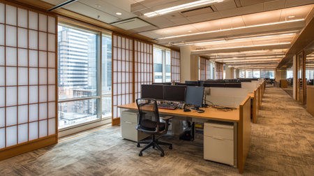 Spacious and modern office space featuring a minimalist design with natural light streaming through large windows, creating an inviting work environment.の素材