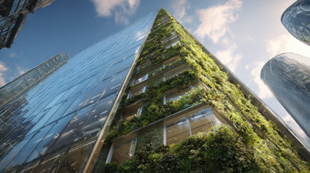 A stunning view of a modern skyscraper featuring a vertical garden, surrounded by glass buildings under a clear blue sky, highlighting sustainable architecture.の素材