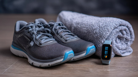 A pair of gray running shoes alongside a gray towel and a fitness tracker on a wooden floor, emphasizing preparation for an active and healthy lifestyle.の素材