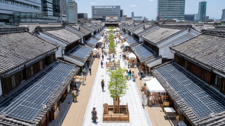 A lively market street featuring traditional architecture, solar panels, and bustling crowds, surrounded by greenery and bright sunny skies, providing a unique urban experience.の素材