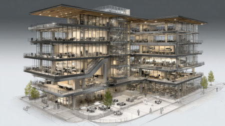 This image showcases a stunning modern office building characterized by a sleek glass facade, multiple levels, and vibrant outdoor seating, perfect for urban settings.の素材