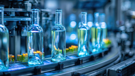 High-resolution image of a modern industrial bottling line featuring clear glass bottles filled with liquid moving steadily along a conveyor belt.の素材