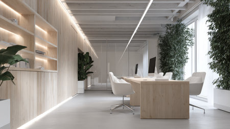 This image showcases a sleek and modern office interior featuring wooden accents, bright lighting, and lush greenery, creating a serene workspace atmosphere.の素材