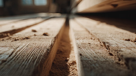 This image captures a close-up view of wooden planks scattered with sawdust in a sunlit workshop, illustrating fine craftsmanship and natural materials.の素材