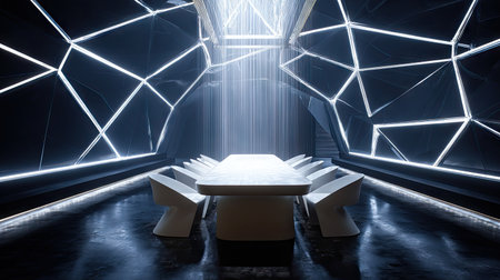 This modern conference room features a striking design with innovative lighting and minimalist furniture. The futuristic atmosphere enhances collaboration and creativity.の素材