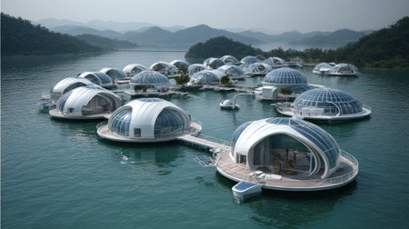 Experience the beauty of modern eco-friendly floating houses set against a stunning mountainous lake backdrop, perfect for a luxurious getaway.の素材