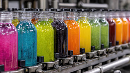 A vibrant array of colorful bottled beverages lined up on a production line, showcasing the dynamic energy of a modern beverage factory environment.の素材