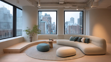 This image captures a modern minimalist living room featuring a unique curved sofa and stylish coffee table. Large windows provide a stunning city skyline view.の素材