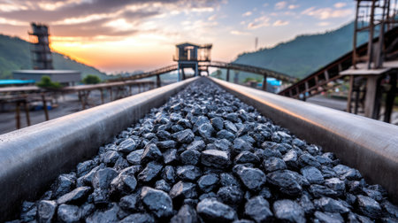 A close-up view of a conveyor belt loaded with coal, set against a picturesque backdrop with a sunset sky illuminating the mining facility.の素材