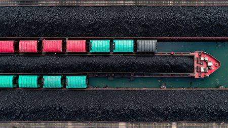 This aerial photograph captures coal barges navigating a waterway filled with coal, showcasing the logistics of raw material transport in an industrial landscape.の素材