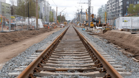 This image captures an urban railway construction site featuring freshly laid tracks surrounded by machinery and development. The perspective highlights the complexity of city infrastructure projects.の素材