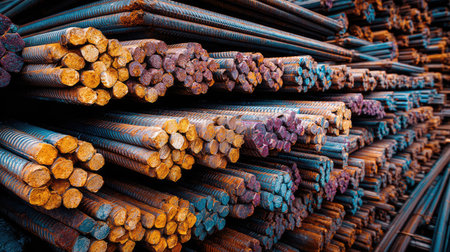 This image features a close-up view of stacked steel rebar in a construction yard, showcasing vibrant colors and intricate textures of rust and metal.の素材