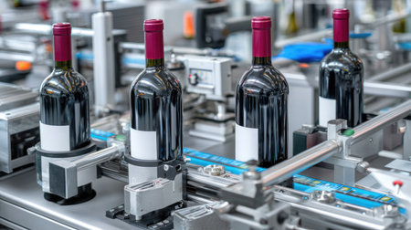 This image showcases wine bottles moving along a modern production line, highlighting automated machinery and precise labeling in a winery environment.の素材