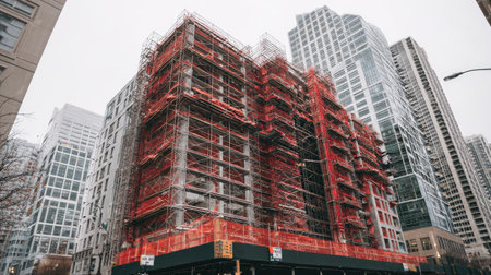 A bustling urban construction site showcasing a partially built structure enveloped in scaffolding, amidst a modern city skyline under a gray sky.の素材