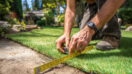 A dedicated gardener carefully measures turf for installation in a lush residential backyard, showcasing the essential process of landscape design and improvement.の素材