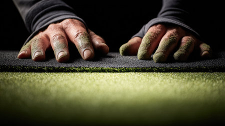 The image captures an intense moment as hands press against a textured surface, showcasing the connection between effort and nature, emphasizing focus and determination.の素材