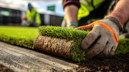 A skilled worker carefully rolls out fresh green turf, showcasing the rich texture of the grass and the earth. Ideal for gardening and landscaping themes.の素材