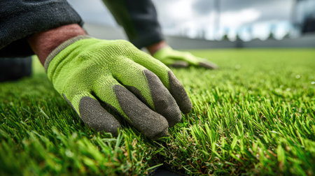 This image captures a close-up of hands wearing green gloves, skillfully laying artificial grass. The lush greenery contrasts with a cloudy backdrop.の素材