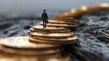 A businessman navigates a pathway of shining coins, symbolizing the journey of financial success and the pursuit of wealth in a competitive landscape.の素材