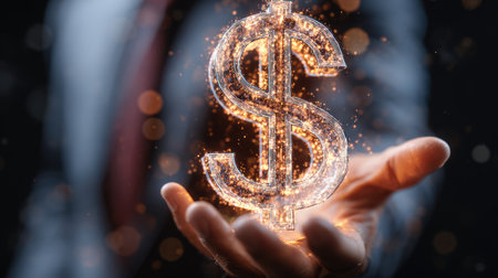 A professional hand holds a shimmering dollar symbol, surrounded by sparkling particles, representing finance, success, and investment in a modern business environment.の素材