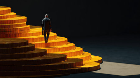 A businessman ascends golden coin steps in a dimly lit space, symbolizing the journey towards success and financial prosperity, highlighting ambition and achievement.の素材